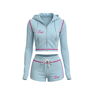 2026 Women's Custom Logo Athletic Set Solid-Color Long-Sleeve Hooded Zipper Jacket and Drawstring <b>Shorts</b> Two-Piece Set - Product Image 5