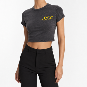 Débardeurs courts noirs pour femmes, respirants, brodés, col rond, manches courtes, en coton, style décontracté streetwear, OEM ODM, vente en gros - Product Image 6