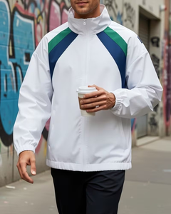 Men's <b>Square</b> Collar Color Blocking Zipper Jacket Casual Style <b>White</b> Green Navy - Product Image 6