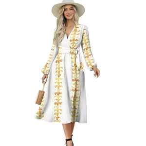 Custom Hawaiian Print Midi Dress Long Sleeve V Neck <b>Wrap</b> Dress Loose Fit Casual Women Dress - Product Image 2