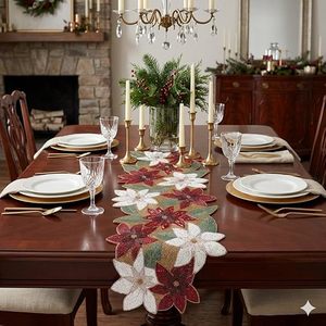 Embroidered Floral <b>Table</b> <b>Runner</b> Red White Cloth Classic Home Decor Washable - Product Image 3