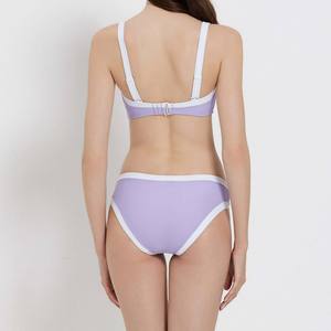 Women's Lilac Bandeau <b>Bikini</b> <b>Set</b> With <b>White</b> Contrast Binding Two Piece Swimwear Stretch Hipster Bottoms Solid Color - Product Image 2