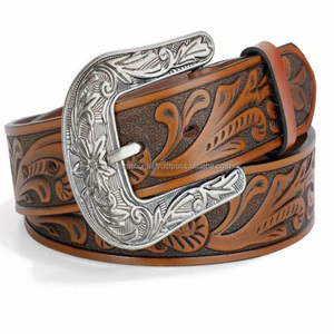 Many Designs Custom Made Floral Embossed <b>Hand</b> Carved Unisex Western Leather Tooling Belt with <b>Bras</b> Buckle Set - Product Image 1