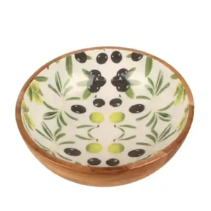 Tazón para Servir de Madera de Acacia, Tazón Redondo de Madera con Diseño de Olivas Pintado a Mano, Juego de Platos y Vajilla de Diseño Mediterráneo - Product Image 1