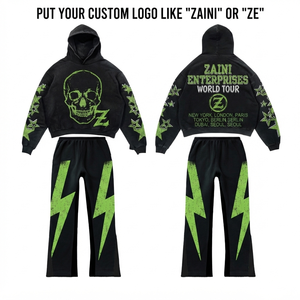 ZAINI <b>Mens</b> Streetwear Tracksuit 350gsm Premium Cotton Fleece Black <b>Green</b> Solid Breathable Winter Custom Embroidery Print Patch - Product Image 1