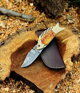 High Quality Damascus Steel Blade Folding Knife with Engraved Brass & <b>Fired</b> Bone Handle Handcrafted Fish Style Pocket Knife - Product Image 1