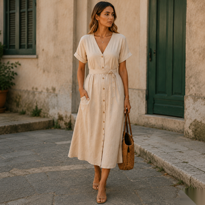 Robe midi à col en V avec boutons sur le devant et taille nouée, style bohème ample, robe d'été décontractée avec poches - Product Image 1