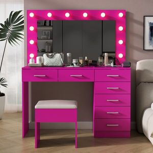 Large Lighted 12 LED Mirror <b>Makeup</b> <b>Vanity</b> Desk Set with 7 Drawers Glass Top Power Outlet-Elegant <b>Vanity</b> Table - Product Image 1