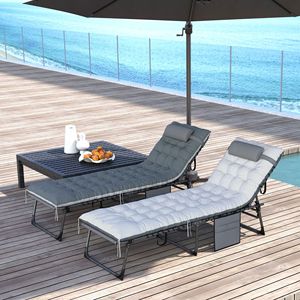 Set di 2 Chaise Longue Grigie da Esterno con Telaio in Alluminio a 5 Livelli, Sedie Pieghevoli da Piscina con Cuscini in Corda per Hotel - Product Image 2