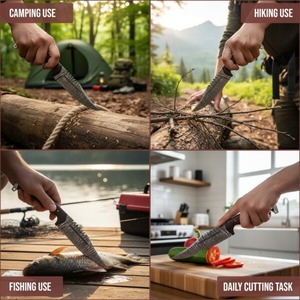 Couteau de camping artisanal de qualité industrielle OEM, 9 pouces, acier Damas, lame à pointe clip, manche en bois, étui en cuir, art viking FH-96 - Product Image 5