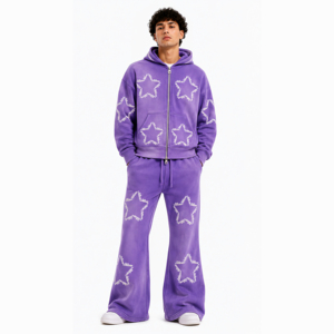 Ensemble sweat à capuche et pantalon de survêtement évasé en molleton épais personnalisé pour homme, avec impression sérigraphiée en relief de haute qualité, style vintage premium Crystal Suit - Product Image 3