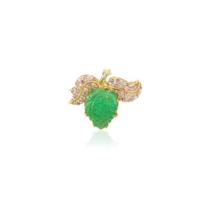 18K <b>Solid</b> Yellow <b>Gold</b> 8.88 Carat Carved Leaf Emerald Fine Brooch Pin - Product Image 3