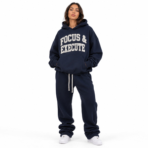 Conjunto Deportivo de Felpa para Mujer, con Capucha Bordada, Hombros Caídos, Pantalones Deportivos Gruesos de 500 GSM, Estilo Francés - Product Image 1