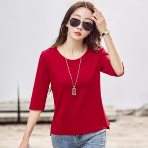 Camiseta de Verano para Mujer, Cuello Redondo, Estilo Coreano, 100% Algodón Jersey, Manga Corta, Color Sólido, Transpirable, Secado Rápido, Ecológica - Product Image 4