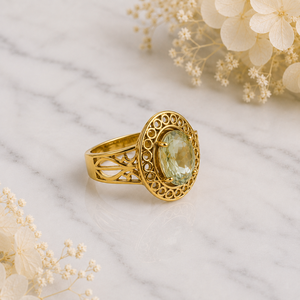 Bague Vintage en Argent Sterling 925 Plaqué Or Jaune avec Améthyste Verte, Sertie en Bezel, Bande Ornée Ajoure, Bijoux pour Femme, Vente en Gros - Product Image 2