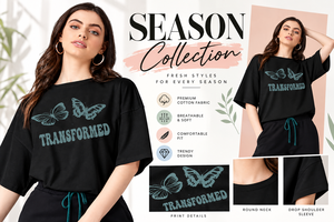 เสื้อยืดโอเวอร์ไซส์สีดำสำหรับผู้หญิงพิมพ์ลายกราฟิกพร้อมลายผีเสื้อ – เสื้อยืดสตรีทแวร์แบบไหล่ตก - Product Image 2