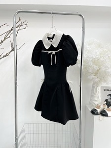 Robe en coton pour femme, mini-robe unie coupe trapèze, col Peter Pan, manches bouffantes, ajustée, style décontracté, naturel, doux et mignon, Vietnam - Product Image 3