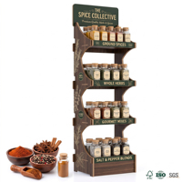 Fabricant de présentoirs à épices en bois sur mesure pour supermarchés, présentoir à épices sur pied à 4 niveaux avec rebords de catégories et en-tête avec logo