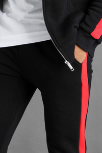 Men's Black Hooded Tracksuit Full Length Sweatshirt Jogger Set Striped Red Side Panels Breathable Polyester Autumn Wear - Product Image 2