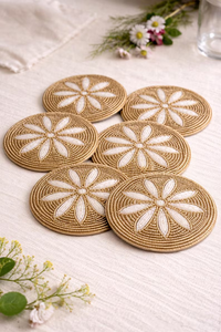 Handmade Gold & White Beaded <b>Coasters</b> | Floral Round Boho <b>Drink</b> <b>Coasters</b> (4x4 Inch) by whimsy art craft - Product Image 6