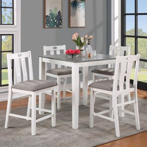Set da Pranzo da 5 Pezzi con Tavolo in Legno Massello Bianco e 4 Sedie in Tessuto di Lino Grigio con Cuscini per Sala da Pranzo - Product Image 2
