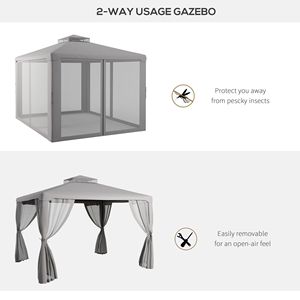 Gazebo da Giardino 10x12 Grigio con Tetto a 2 Livelli e Rete, Struttura in Acciaio Verniciato a Polvere, Riparo Esterno per Cortili e Giardini, Pergola in Metallo - Product Image 4