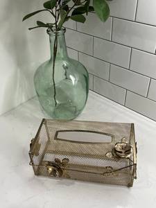 Metal Tissue Holder | Vintage Gold Metal Mesh Tissue Holder With Metal Leaves and Flowers - Product Image 5