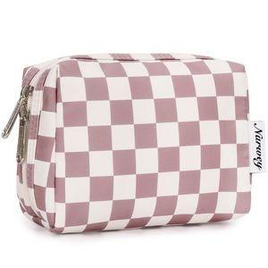 Linda Bolsa de Maquillaje de Viaje a Cuadros Pequeña con Cremallera Rosa y Compartimentos para Bolsos y Estuches de Cosméticos - Product Image 1