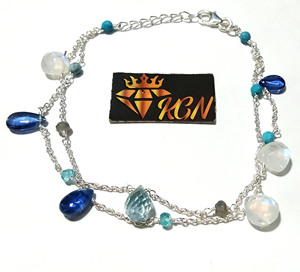 Natural Blue Kyanite & Moonstone Charm <b>Bracelet</b>, 925 Silver Layered Gemstone <b>Bracelets</b>, Delicate Layered Chain Jewelry - Product Image 3