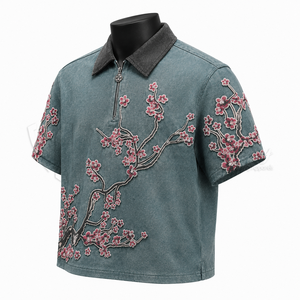 เสื้อโปโลผู้ชายปักลายดอกไม้ แขนสั้น สไตล์ลำลอง สตรีทแวร์ คอปกตัดสี ดีไซน์ลายดอกซากุระ - Product Image 3