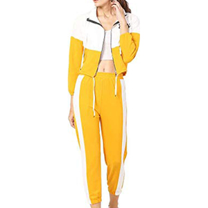 Survêtement à capuche pour femme, jaune et blanc, à blocs de couleur, manches longues, cordon de serrage, décontracté, sportswear, pantalon longueur cheville, printemps - Product Image 4