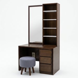 Minimalist Solid Wood Dressing Vanity Station <b>Tall</b> Mirror Vertical Storage Shelves 3 <b>Drawer</b> Cabinet Round Stool Set Furniture - Product Image 1