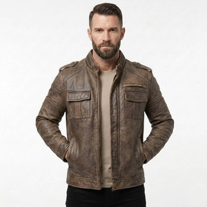 Blouson moto en cuir véritable marron pour homme avec épaulettes, col montant et fermeture éclair, style automne - Product Image 4
