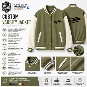 Custom Men's Varsity Jacket Olive Green Beige Sleeve Turn-down Collar <b>Covered</b> <b>Button</b> Casual Winter Style Printed Letter Back - Product Image 5