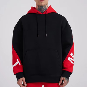 Sudadera con Capucha Oversize para Hombre, Diseño Color Block Negro y Rojo, Estilo Urbano, Algodón y Felpa, con Bolsillos, Estilo Otoñal - Product Image 1