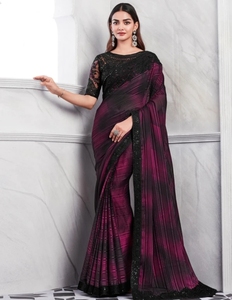 Sari de Fiesta Reversible de Georgette de Seda Adornado, Estilo Bollywood, Sin Arrugas - Product Image 3
