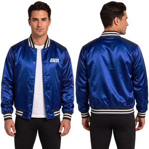 Chaqueta de satén rojo Oxblood con cierre a presión, brillo sedoso, cuello y puños a rayas en blanco y negro, y opciones de personalización al por mayor OEM. - Product Image 3