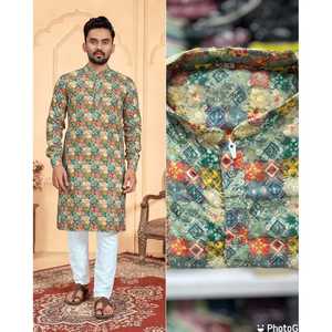POULET EN COTON FANTAISIE AVEC SEQUENCE TRAVAIL HOMME KURTA PAYJAMA VERT - Product Image 1