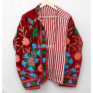 Handmade Multicolor Embroidered Velvet Women's Jacket Mandarin Collar Full Sleeve Geometric Pattern Autumn Wear - Product Image 5
