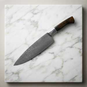 Couteau de cuisine en acier Damas avec manche en bois, lame à pointe tombante, épaisseur 0,6 mm, bord biseauté, pièce unique - Product Image 3