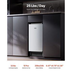 เครื่องทำน้ำแข็งสแตนเลสแบบตั้งพื้นใต้เคาน์เตอร์ ความจุ 25 ปอนด์/วัน พร้อมตัวนับในตัว ประตูแบบย้อนกลับได้ - Product Image 2