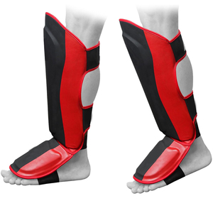 Red And Black Kick Boxing Shin Guards Faux Leather Hook Loop Closure <b>Adjustable</b> For Adults Martial Arts Training Sparring - Product Image 2
