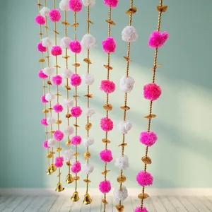 Pink White Pom Pom Garland Hanging Wall Decor with Gold Tassels and Bells Bohemian Style for Wedding Party Indoor Living Room - Product Image 1
