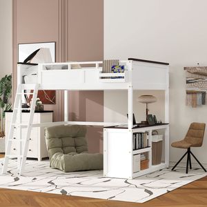 Letto a soppalco matrimoniale con scrivania bianca, ripiano aperto, contenitore portaoggetti e stazione di ricarica USB - Product Image 2