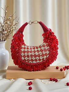 Bolso de Noche de Media Luna Bordado de Alta Calidad con Cuentas, Asa de Anillo, Hecho a Mano, Cierre de Cremallera con Cuentas Rojas, Elegante Bolso de Fiesta - Product Image 1