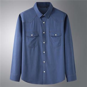 เสื้อเชิ้ตแขนยาวสีน้ำเงินสำหรับผู้ชาย ปกคอปกตั้ง สีพื้น ติดกระดุม ผ้าฝ้ายป๊อปลินทอเนื้อระบายอากาศ สไตล์ฤดูใบไม้ร่วง - Product Image 4