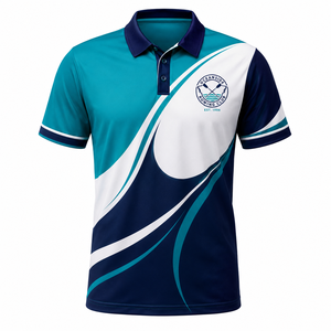 Polo de Manga Corta para Hombre del Club de Remo Oceanside, Color Azul Marino, Verde Azulado y Blanco, Estampado Geométrico, Secado Rápido, Diseño Deportivo, Logotipo Frontal - Product Image 1