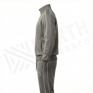 Survêtement gris pour homme, fermeture éclair intégrale, col montant, couleur unie, vêtements de sport décontractés avec logo géométrique, poches avant, tenue d'automne - Product Image 3