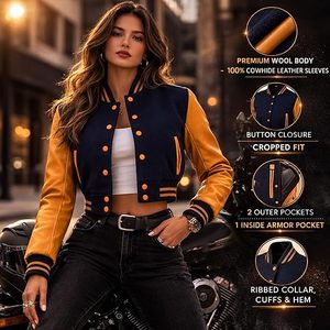 Cropped Varsity <b>Jacket</b> Women - Premium Quality <b>Leather</b> and Wool Baseball Letterman <b>Jacket</b> for Women's, <b>Long</b> Sleeve - Product Image 4