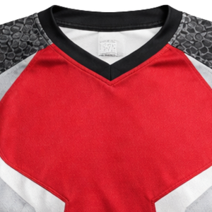 Camiseta de Paintball Estilo Racing, Roja y Negra con Patrón Hexagonal, Sublimada, para Hockey sobre Césped, Transpirable, con Malla y Puños Cortos con Orificios para el Pulgar - Product Image 5